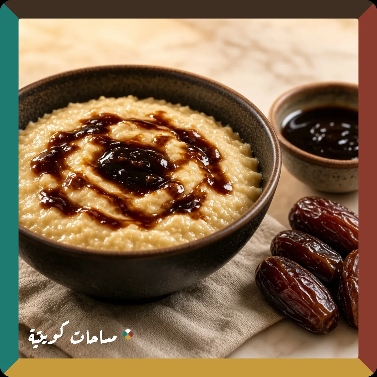 عصيدة التمر الكويتية جاهزة ومقدَّمة في طبق التقديم