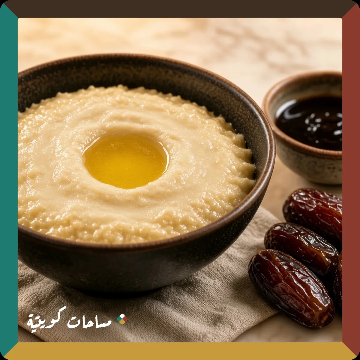 العصيدة الكويتية بالسمن والسكر جاهزة ومقدَّمة في طبق التقديم