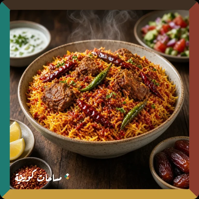 البرياني الكويتي الحار المضاعف جاهز ومقدَّم في طبق التقديم