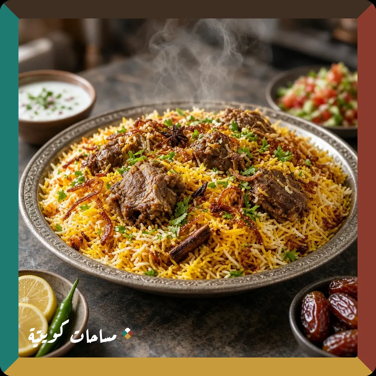 البرياني الكويتي جاهز ومقدَّم في طبق التقديم