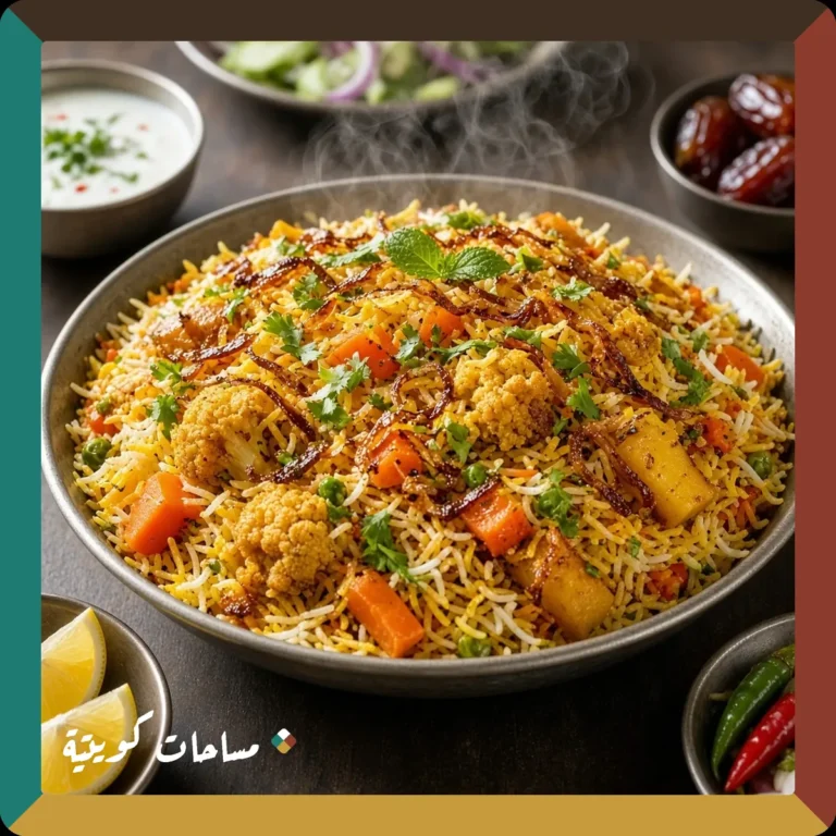 البرياني النباتي الكويتي جاهز ومقدَّم في طبق التقديم