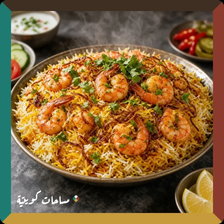 برياني الروبيان الكويتي جاهز ومقدَّم في طبق التقديم