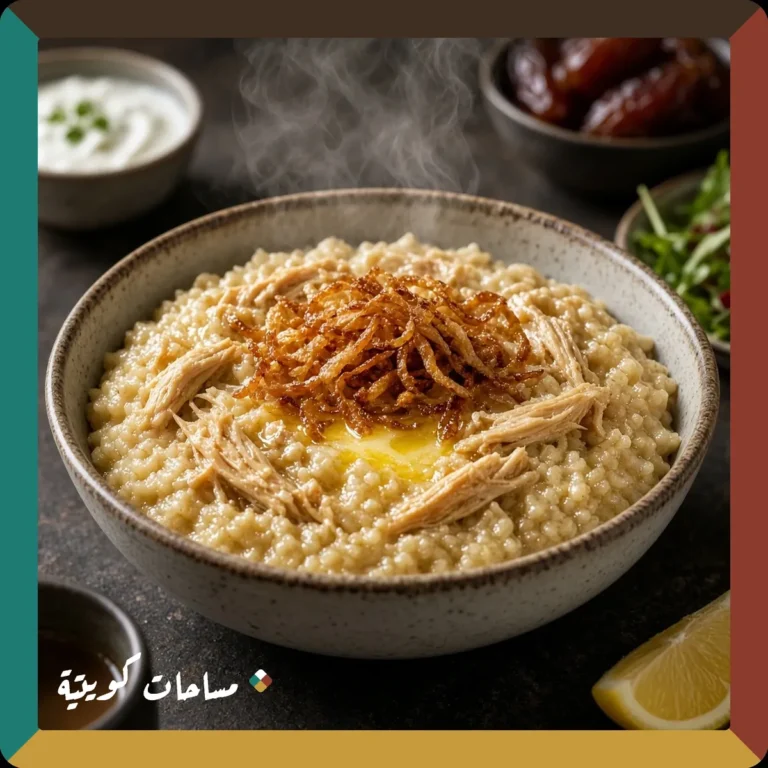 جريش الدجاج الكويتي جاهز ومقدَّم في طبق التقديم