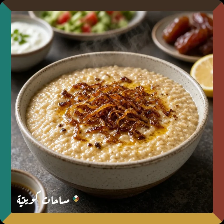 الجريش الكويتي بقدر الضغط جاهز ومقدَّم في طبق التقديم