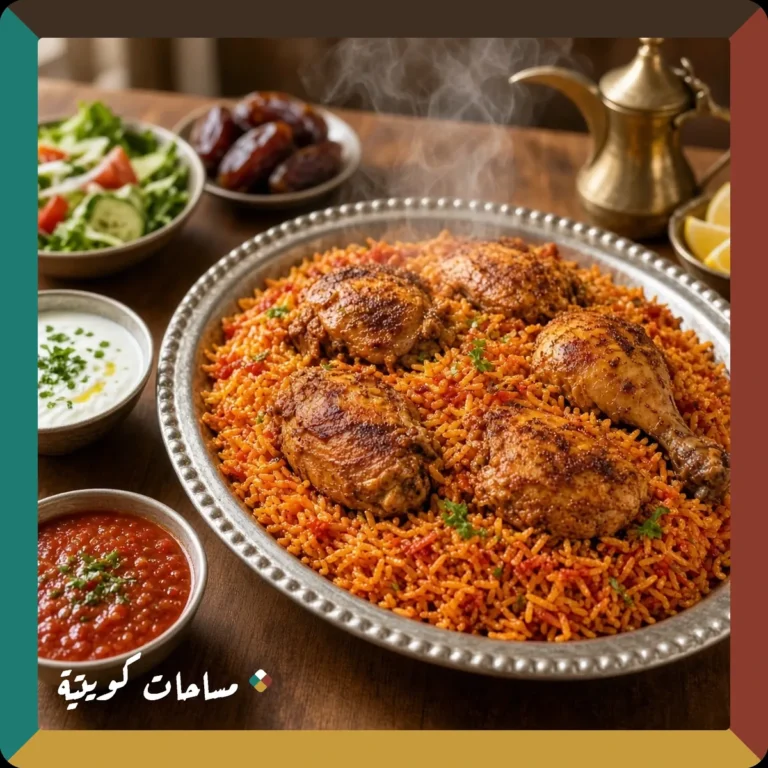 مجبوس الدجاج الكويتي بالكبسة الحمراء جاهز ومقدَّم في طبق التقديم