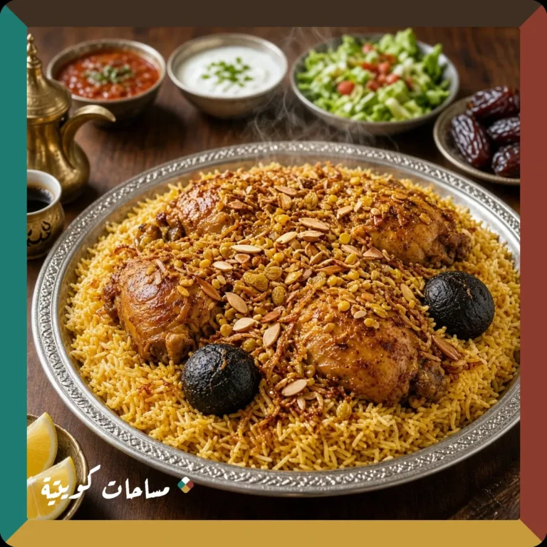 مجبوس الدجاج الكويتي جاهز ومقدَّم في طبق التقديم