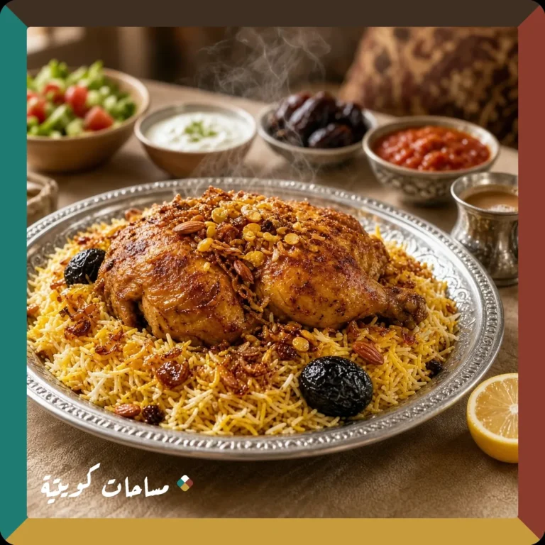 مجبوس الدجاج الكويتي بالفرن جاهز ومقدَّم في طبق التقديم