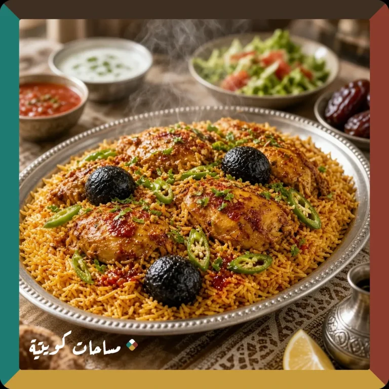 مجبوس الدجاج الكويتي الحار بالفلفل والليمون الأسود جاهز ومقدَّم في طبق التقديم