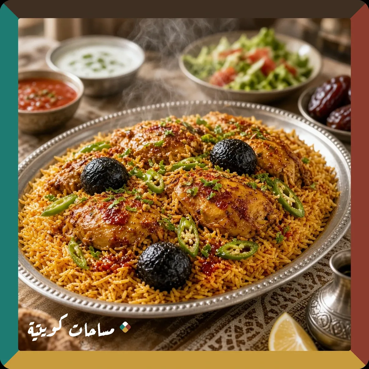 مجبوس الدجاج الكويتي الحار بالفلفل والليمون الأسود جاهز ومقدَّم في طبق التقديم