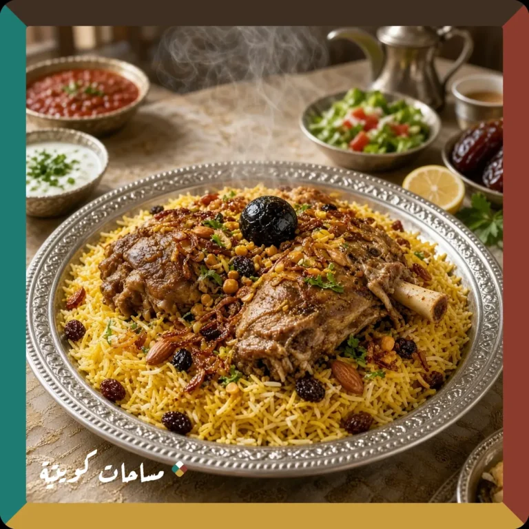 مجبوس اللحم الكويتي جاهز ومقدَّم في طبق التقديم