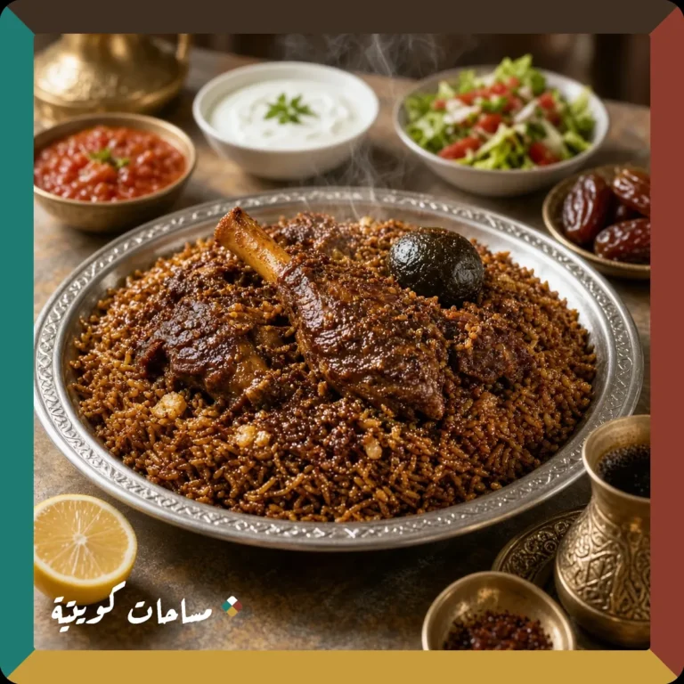 مجبوس اللحم الكويتي الحار بالبهارات المضاعفة جاهز ومقدَّم في طبق التقديم