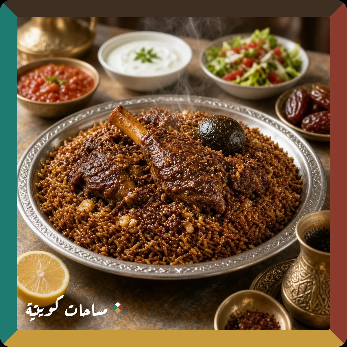 مجبوس اللحم الكويتي الحار بالبهارات المضاعفة جاهز ومقدَّم في طبق التقديم
