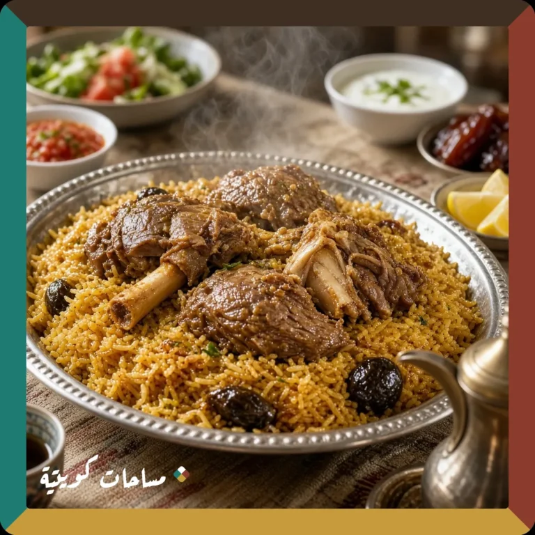 مجبوس اللحم الكويتي بقدر الضغط جاهز ومقدَّم في طبق التقديم