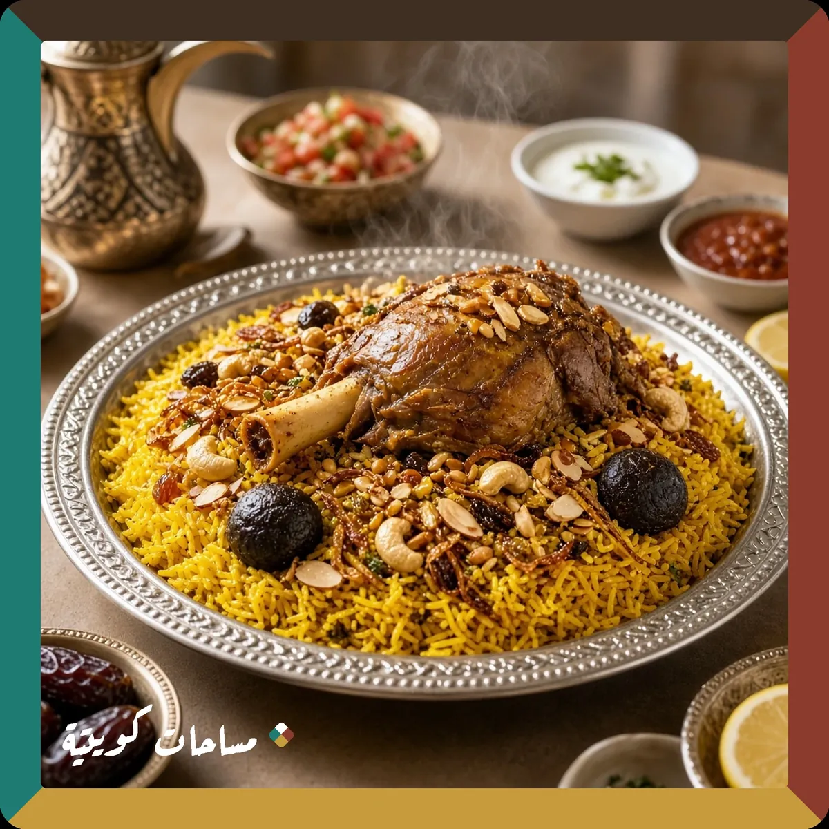 مجبوس اللحم الكويتي بالزعفران والمكسرات جاهز ومقدَّم في طبق التقديم