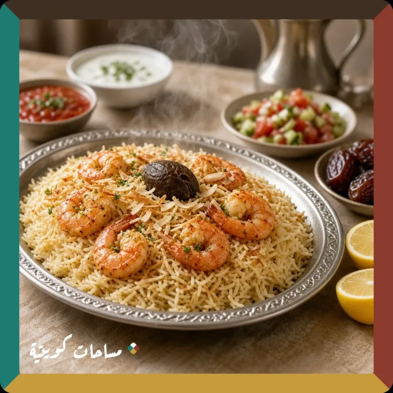 مجبوس الروبيان الكويتي بجوز الهند جاهز ومقدَّم في طبق التقديم