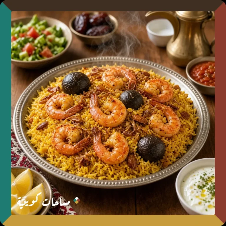 مجبوس الروبيان الكويتي جاهز ومقدَّم في طبق التقديم