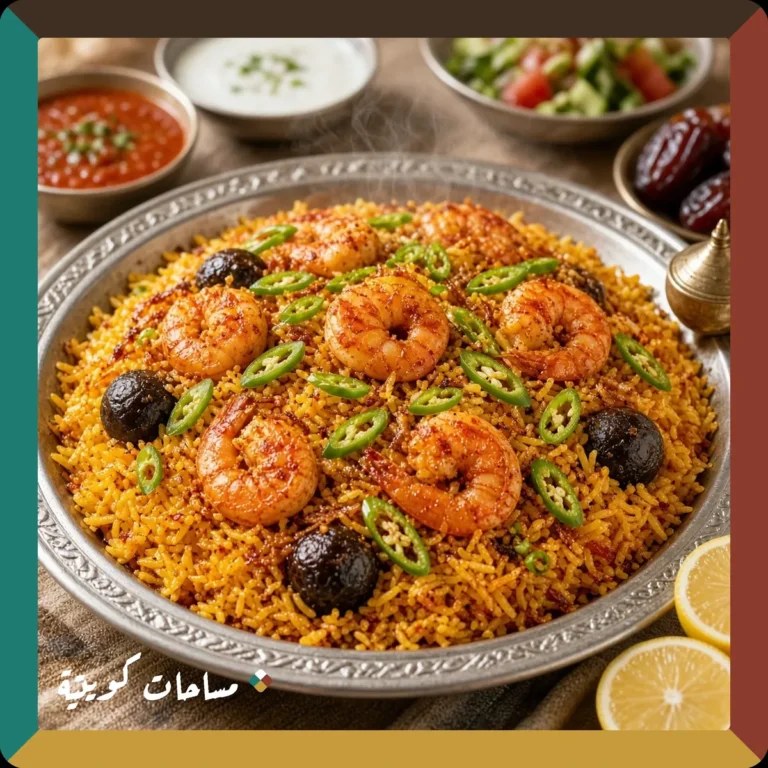 مجبوس الروبيان الكويتي الحار بالفلفل الأخضر جاهز ومقدَّم في طبق التقديم