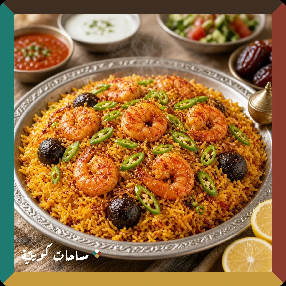 مجبوس الروبيان الكويتي الحار بالفلفل الأخضر جاهز ومقدَّم في طبق التقديم