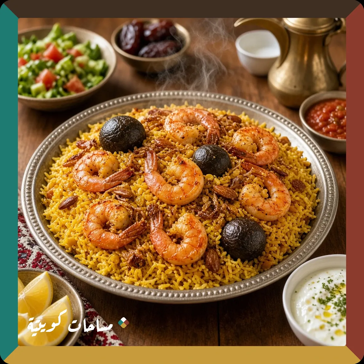 مجبوس الروبيان الكويتي جاهز ومقدَّم في طبق التقديم