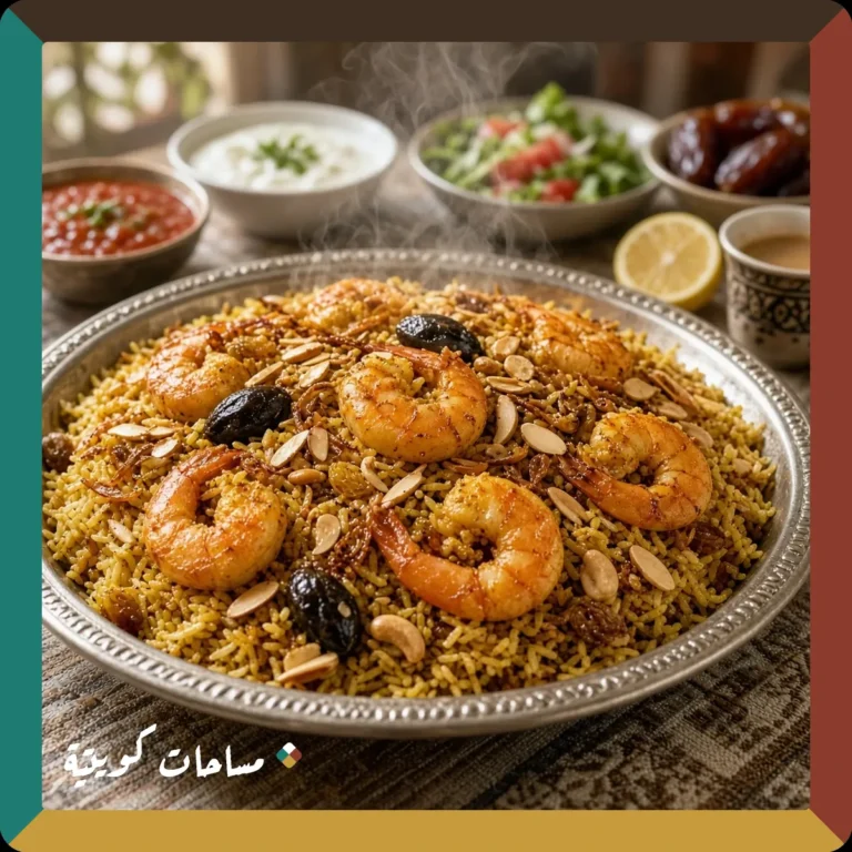 مجبوس الروبيان الكويتي بالمكسرات والزبيب جاهز ومقدَّم في طبق التقديم