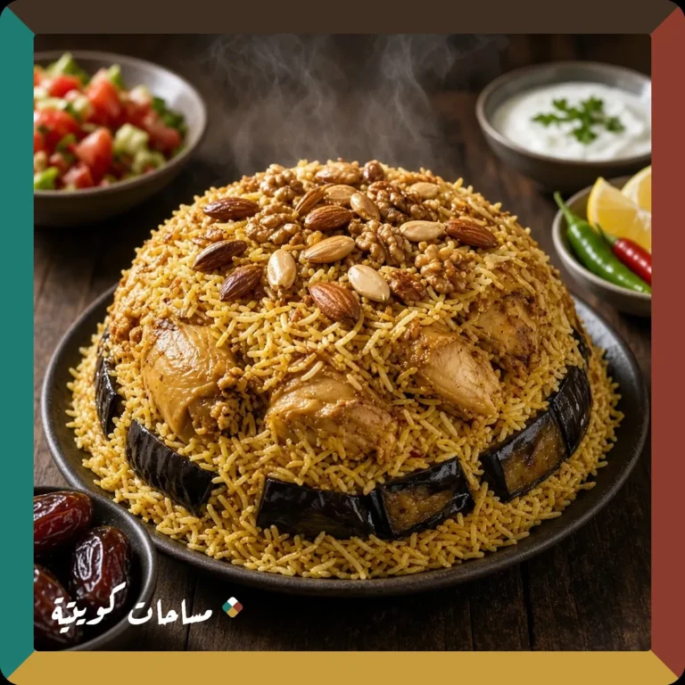 مقلوبة الدجاج الكويتية جاهزة ومقدَّمة في طبق التقديم