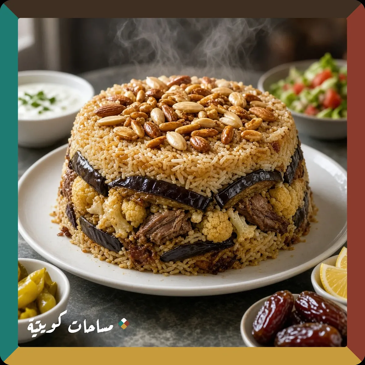 المقلوبة الكويتية جاهزة ومقدَّمة في طبق التقديم