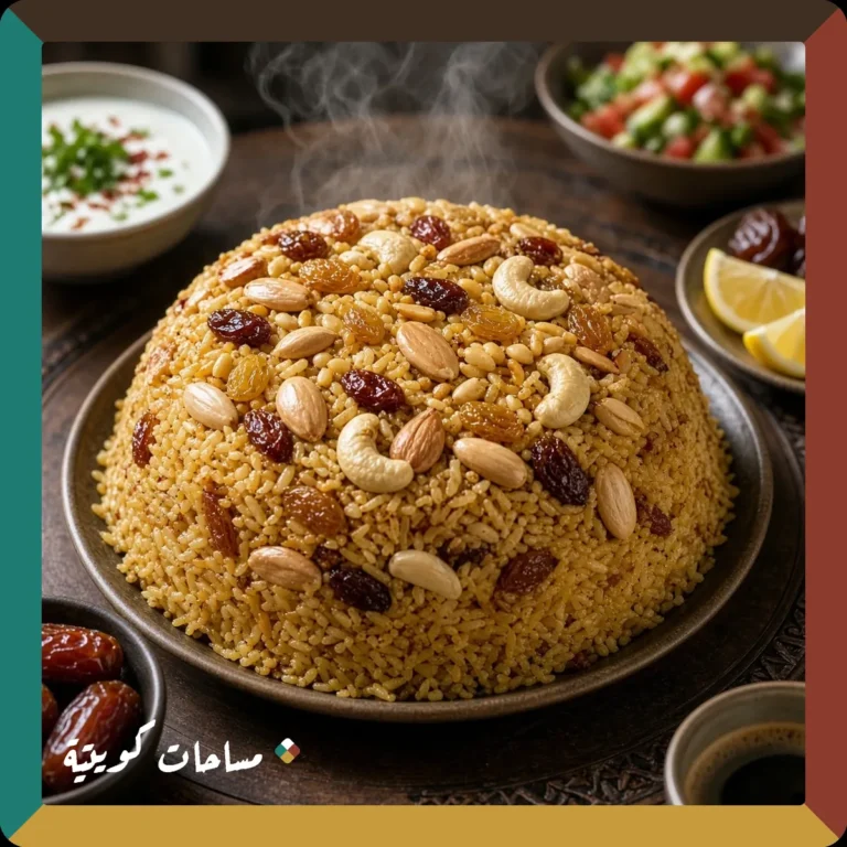 مقلوبة اللوز والمكسرات الكويتية جاهزة ومقدَّمة في طبق التقديم