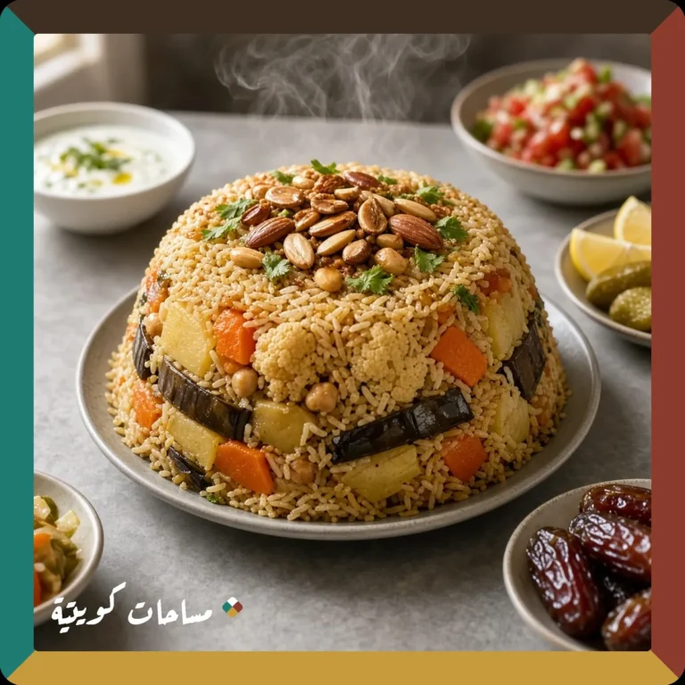 المقلوبة النباتية الكويتية جاهزة ومقدَّمة في طبق التقديم