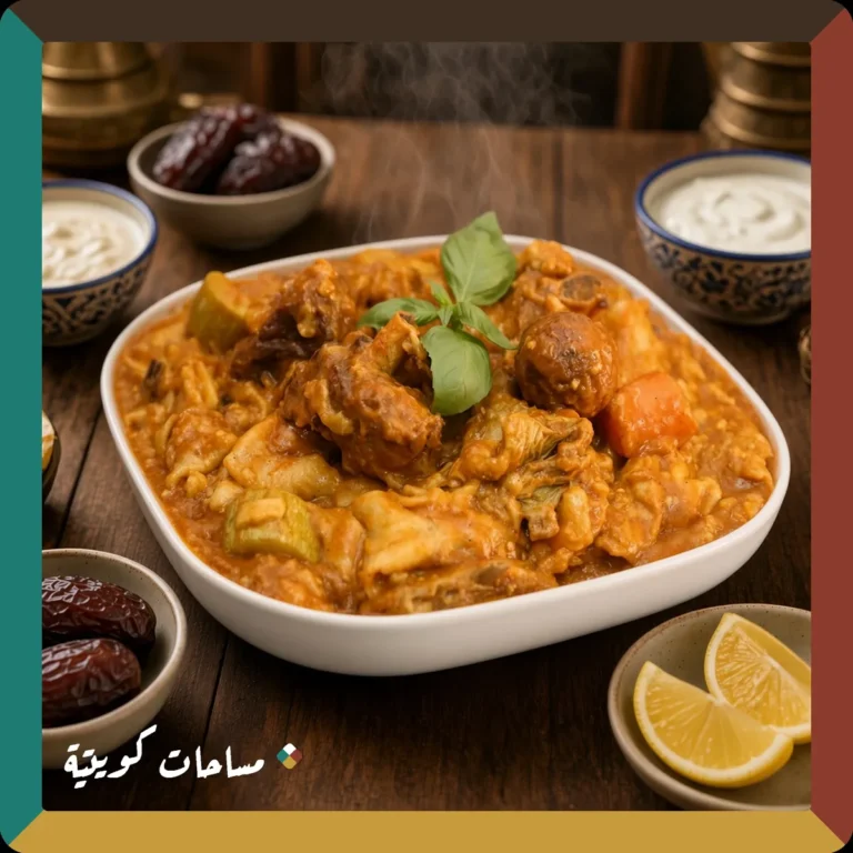 مرقوق اللحم الكويتي السريع جاهز ومقدَّم في طبق التقديم