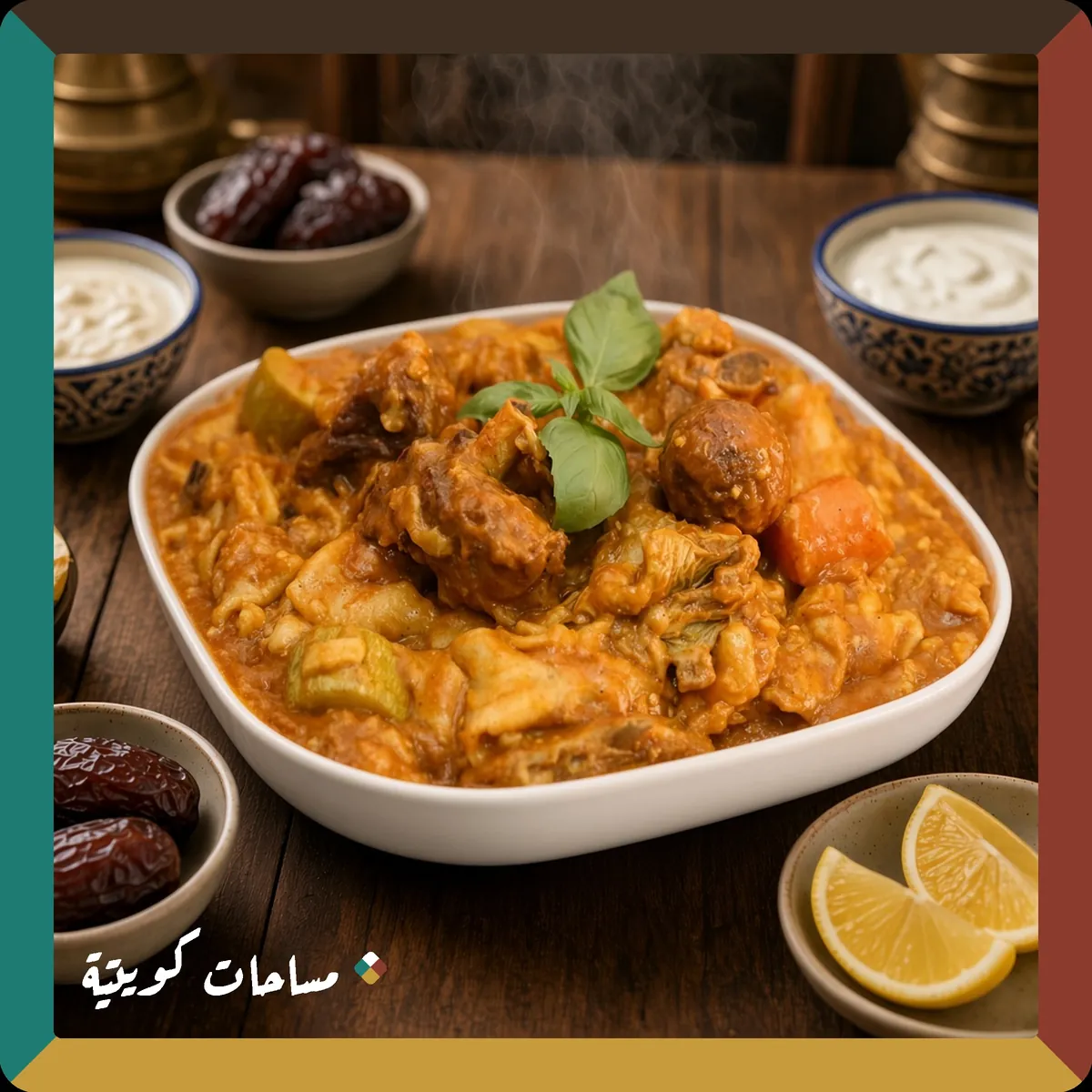 مرقوق اللحم الكويتي السريع جاهز ومقدَّم في طبق التقديم