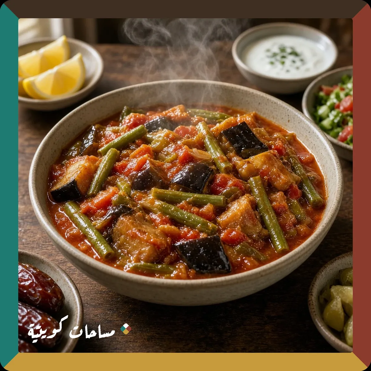 صالونة الباذنجان والفاصوليا الكويتية جاهزة ومقدَّمة في طبق التقديم