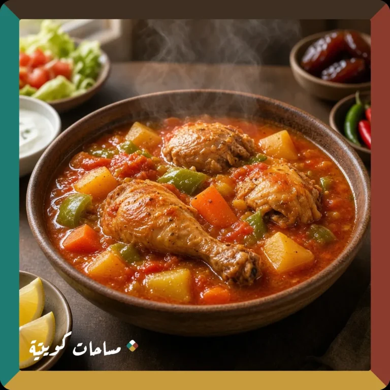 صالونة الدجاج الكويتية جاهزة ومقدَّمة في طبق التقديم