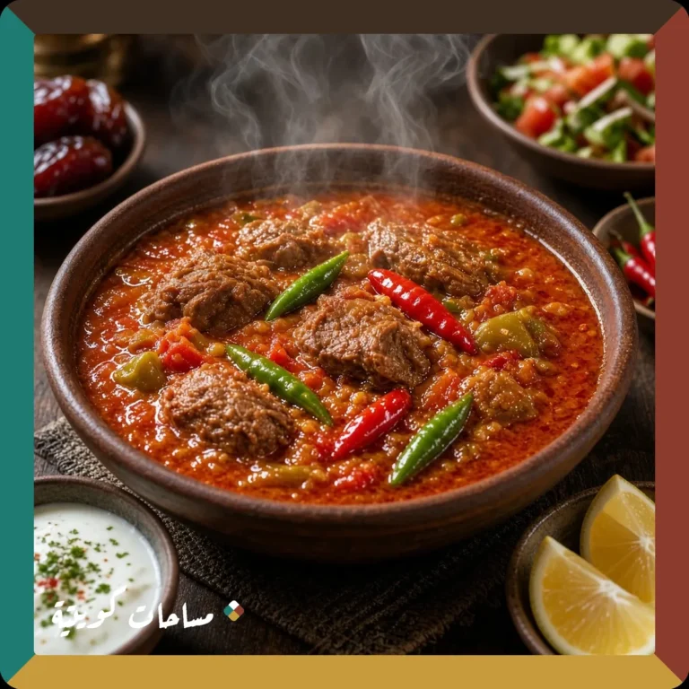 صالونة اللحم الكويتية الحارة جاهزة ومقدَّمة في طبق التقديم