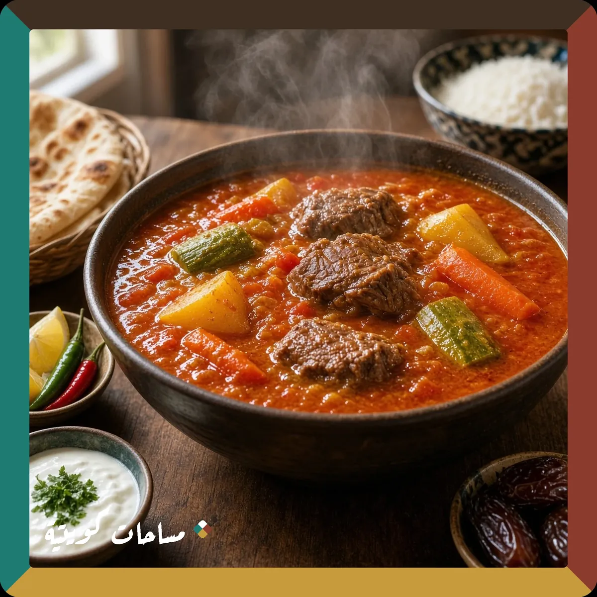 صالونة اللحم الكويتية جاهزة ومقدَّمة في طبق التقديم