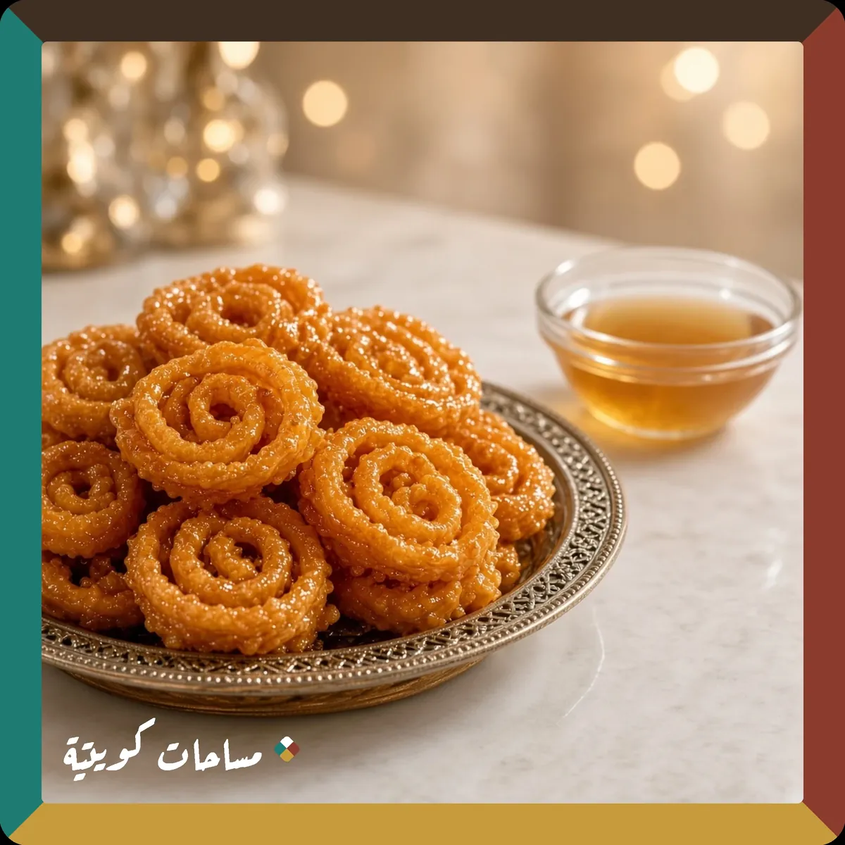 الزلابية الكويتية المقرمشة جاهزة ومقدَّمة في طبق التقديم